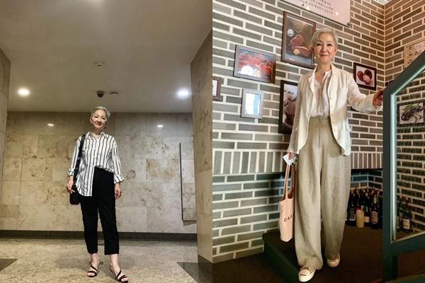 Người phụ nữ lớn tuổi mặc váy ngắn cũn sải bước trên phố-11