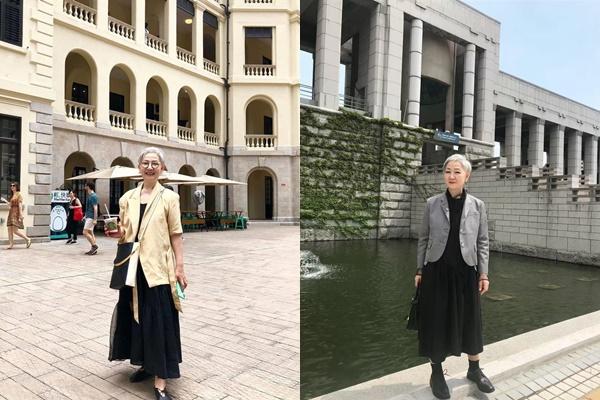 Người phụ nữ lớn tuổi mặc váy ngắn cũn sải bước trên phố-9