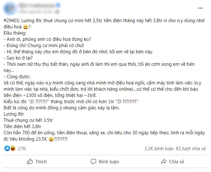 Để người yêu ở nhờ, chàng trai mất nửa tháng lương tiền điều hòa-1