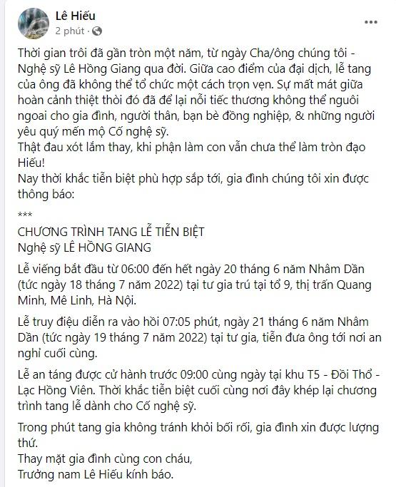 Con trai Giang Còi thông báo tang sự sau gần 1 năm bố qua đời-3
