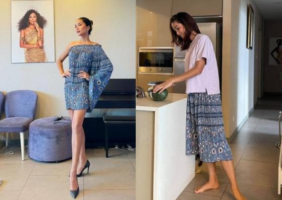 Trước đó, trên trang cá nhân của mình, nàng hậu khiến nhiều người bật cười khi biến hóa chiếc quần mặc ở nhà với trị giá 80 nghìn thành một chiếc váy trễ vai xinh xắn.