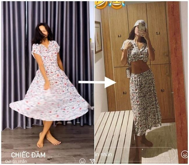 Chiếc váy hoa giúp cô nàng nhìn dịu dàng, thanh lịch và nữ tính. Tuy nhiên, sau đó chiếc váy đã được H'Hen Niê tận dụng để biến hóa thành một set đồ gồm áo croptop và chân váy suông. Có thể thấy, khi diện lên mình bộ trang phục tự chế này, nàng hậu có thể khoe trọn vòng eo con kiến cực quyến rũ của mình.