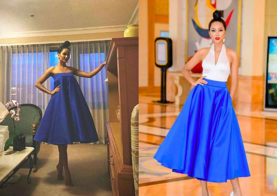 Trong một lần khác, H'Hen Niê cũng khiến nhiều người phải bất ngờ với chiếc váy nhiều kiểu mặc của mình. Theo đó, khi đi dự sự kiện, nàng hậu phối chiếc váy xanh với áo khoét ngực cực sang chảnh và thanh lịch. Tuy nhiên, sau khi quay trở về nhà, H'Hen Niê lại bật mí thêm một cách mặc khác của chiếc đầm xanh khiến người hâm mộ thích thú.