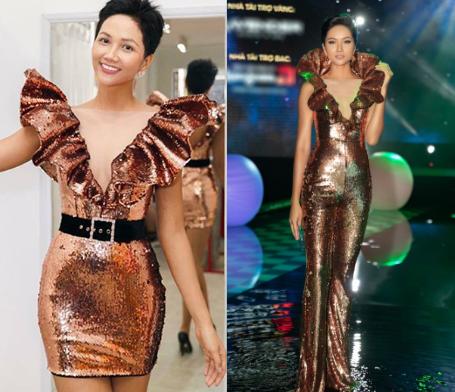 Nếu như tại cuộc thi Miss Universe, chiếc váy kim sa màu đồng được thiết kế ngắn bó sát giúp H'Hen Niê khoe được đôi chân dài thẳng tắp thì sau khi may lại thành jumpsuit đã mang đến sự độc đáo cho hình ảnh cá tính của H'Hen Niê.