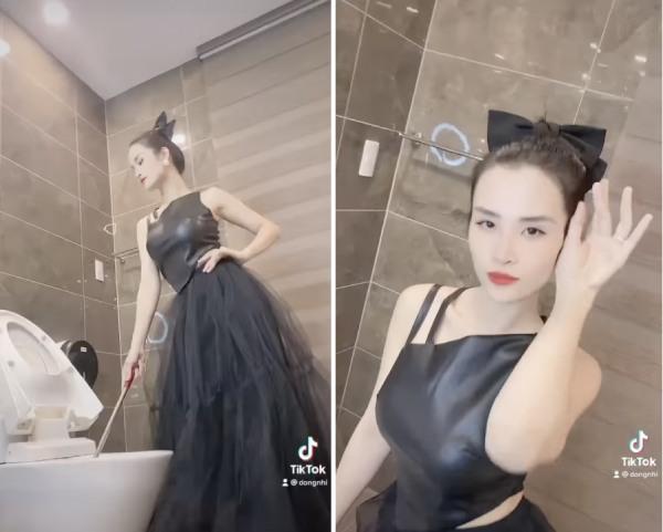 Đông Nhi cũng từng khiến fan cười ngất khi bắt trend ăn mặc lồng lộn để chà toilet.