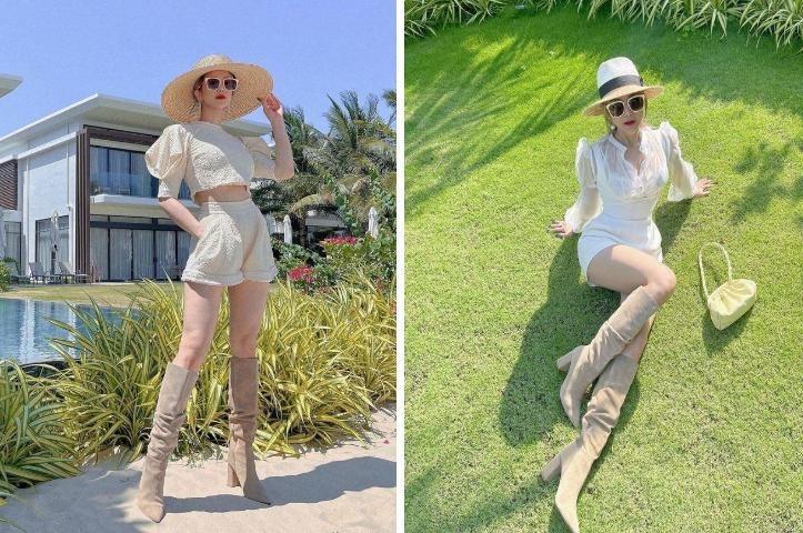 Đi biển, sao Việt mix đồ với short trắng khoe chân dài tới nách-10