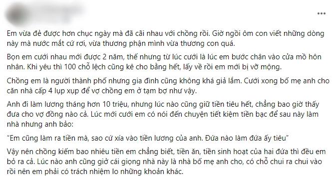 Vợ đẻ mổ đau đớn, nhờ chồng gọi ga nấu cháo thì bị mắng té tát-1
