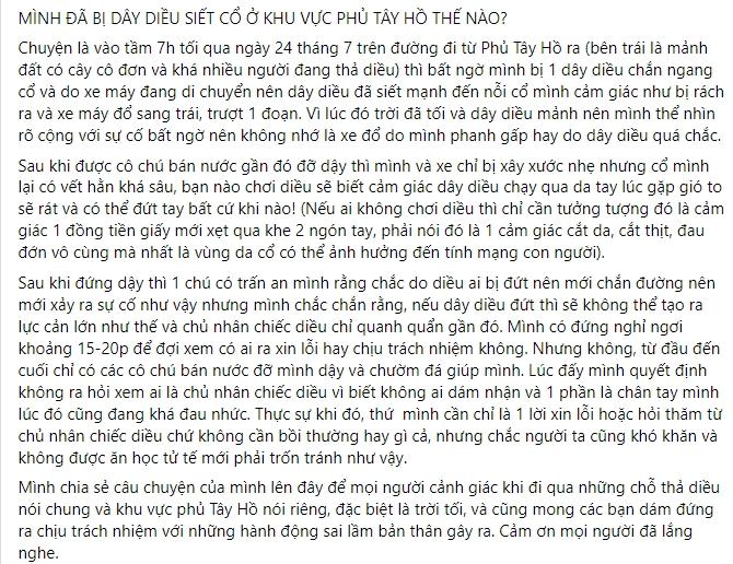 Đang lượn Hồ Tây, thanh niên suýt mất mạng vì bị dây diều siết cổ-1