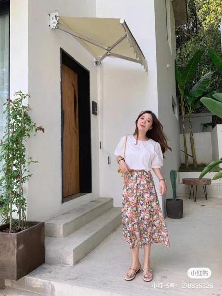 7 combo mix đồ cực yêu với chân váy hoa dáng dài-5