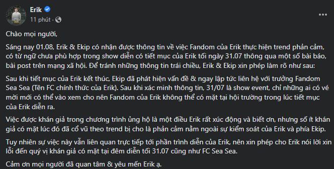 Erik lên tiếng vụ fanchant bắt trend tục tĩu thuốc hồi trinh-3