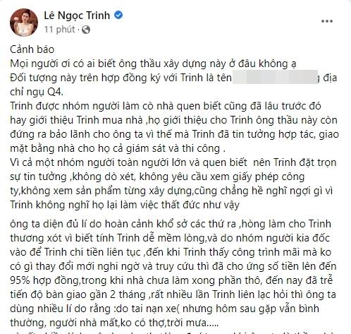 Ngọc Trinh bị chủ thầu cuỗm tiền nhà, uất ức công khai mặt mũi-1