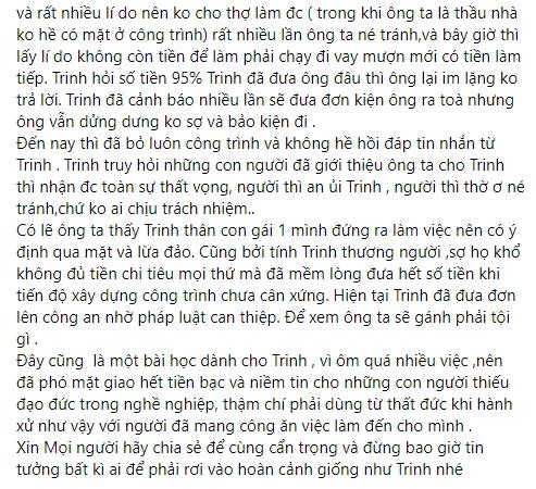 Ngọc Trinh bị chủ thầu cuỗm tiền nhà, uất ức công khai mặt mũi-2