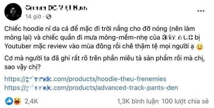 Hà Linh đánh giá chiếc áo là quá mỏng, không xứng đáng với giá tiền bỏ ra. Bên cạnh đó, chiếc quần còn bị cô nàng ví giống với quần đi mưa hay giống chiếc quần thể dục đi học.