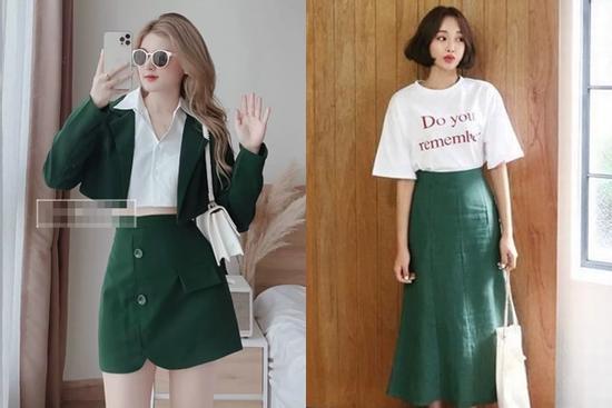Tips mix chân váy màu xanh rêu chuẩn trend mùa thu