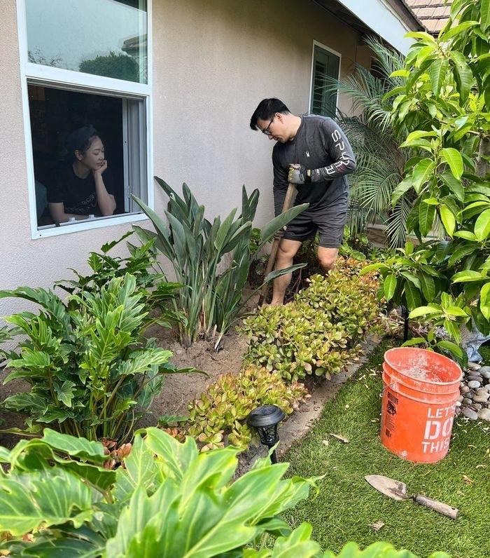 Xung quanh nhà có hoa, cây cối xanh mát.