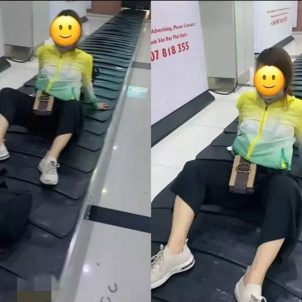 Cô gái lì mặt leo bằng được lên băng chuyền hành lý quay clip-4