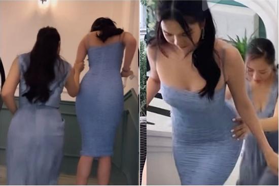 Ngọc Trinh chật vật vì váy siêu bó, vòng 3 đập thẳng vào camera