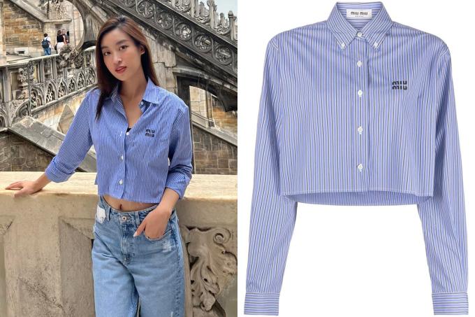 Mẫu sơ mi kẻ sọc dọc đến từ nhà mốt Miu Miu được bán với giá khoảng 20 triệu đồng, giúp hoa hậu trông trẻ trung.