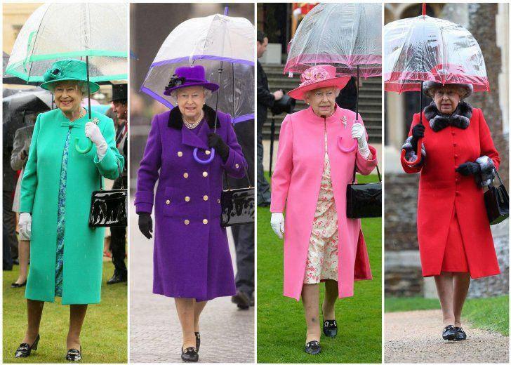 Thứ 5, nữ hoàng Anh rất chú trọng trong khâu chọn phụ kiện, ô cũng phải đồng màu với trang phục.