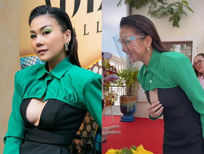 Ngọc Trinh vất vả che chắn vì mặc đầm cut-out đi tiệc rượu-9