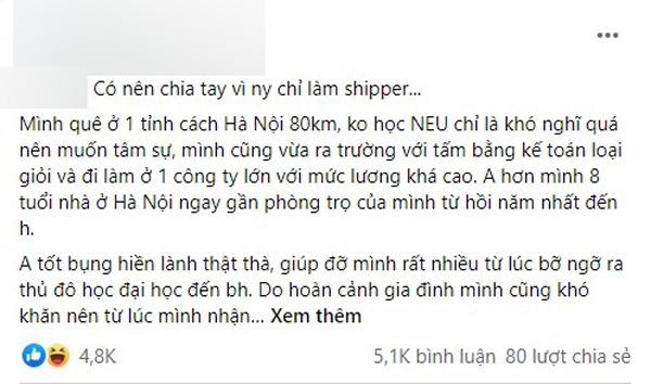 Được chu cấp học đại học, ra trường cô gái đòi chia tay shipper vì không cùng đẳng cấp-1