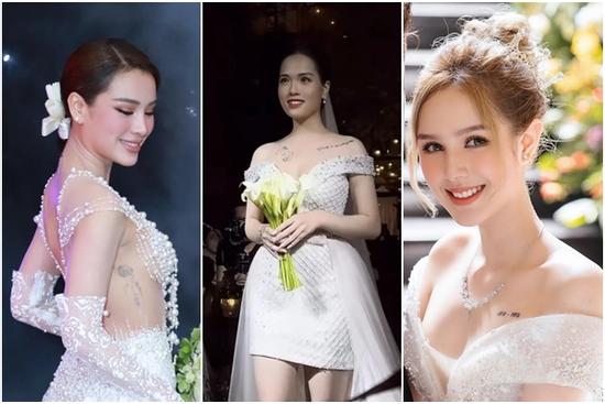 Các cô dâu Vbiz khoe hình xăm độc lạ khi mặc váy cưới