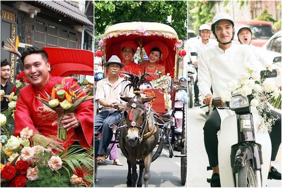 Sao Việt rước dâu độc lạ: Liêu Hà Trinh xích lô, Anh Tú xe điện