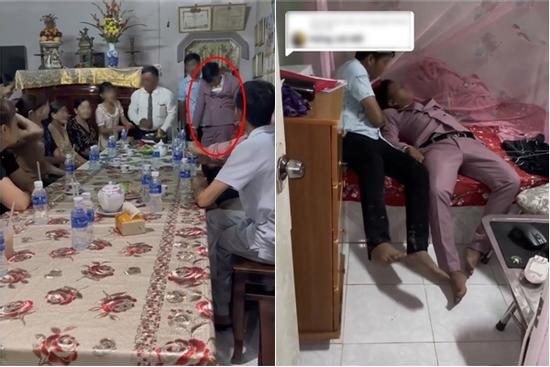 Uống rượu quá chén, chú rể đứng làm lễ mà đầu vắt sang bên