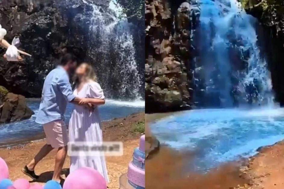 Cặp vợ chồng nhuộm xanh thác nước để thông báo giới tính con-1