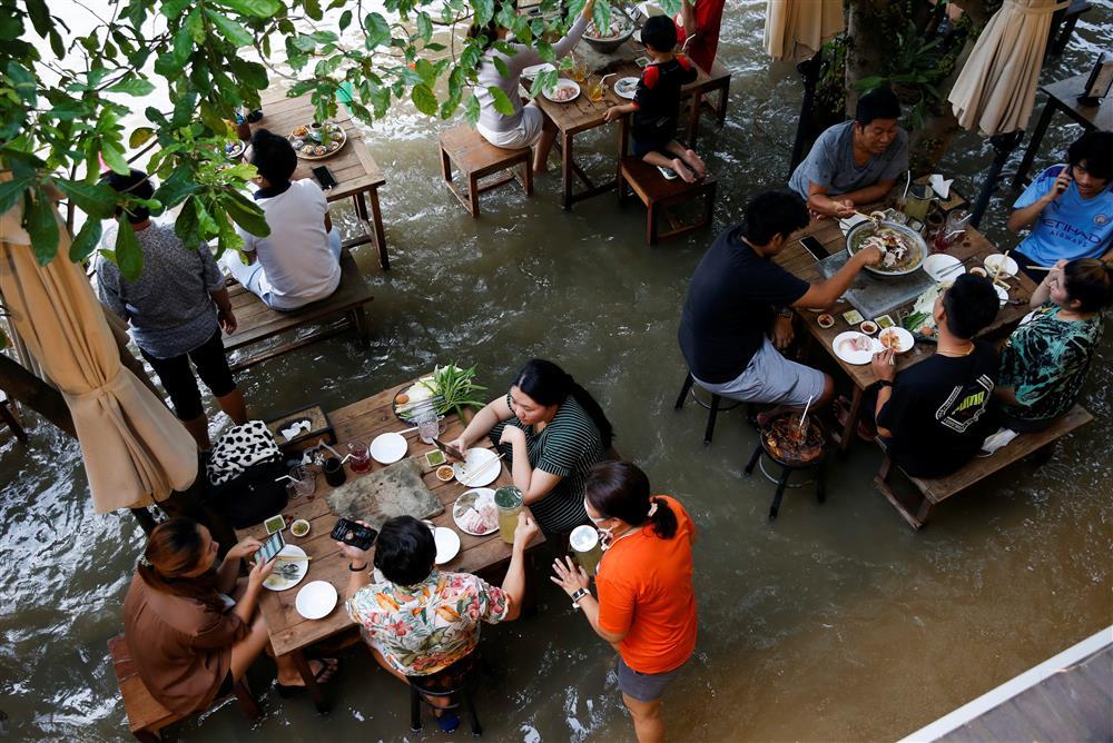 Khách ngồi nhậu giữa biển nước lụt Thái Lan, vừa ăn vừa chơi với cá-3