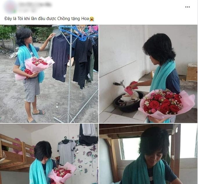 Lần đầu chồng tặng hoa, vợ vừa làm việc nhà vừa ôm chặt không rời-1