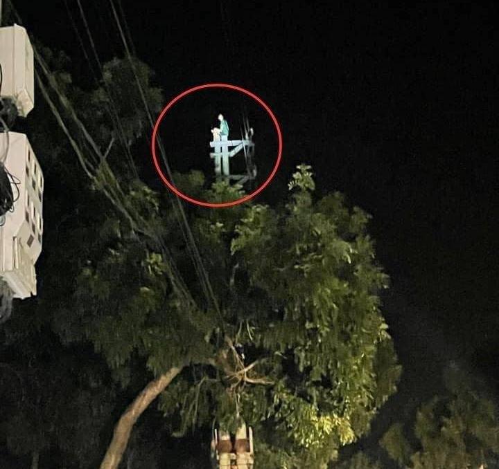 Thanh niên tâm thần trốn viện, trèo lên đỉnh cột điện ngồi chơi-1