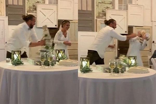 Chú rể úp bánh kem lên mặt cô dâu khiến người xem tức giận-2