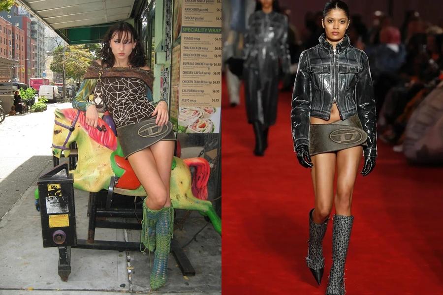 Là người thích mặc những mẫu váy ngắn, Reau (trái) đã quyết định mua thiết kế này với giá lên tới 1.375 USD. Thiết kế có chất liệu da và được đóng dấu chữ lồng đặc trưng từ hãng. Nó hiện không được bán trên trang web của thương hiệu. Ảnh: ageorama, estrop.