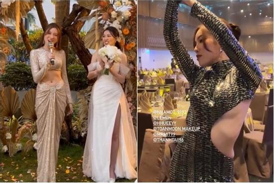 MC Thanh Thanh Huyền mặc đầm lộ sườn lấn át cô dâu gây tranh cãi