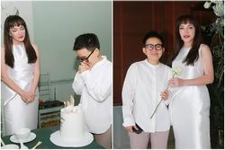 Thanh Hà như cô dâu khi 'đánh úp' mừng sinh nhật Phương Uyên
