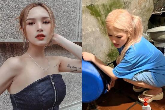 Xoài Non mặc xuề xòa tóc rối bời, nhăn nhó ngồi rửa đống bát