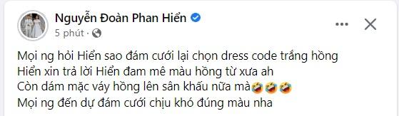 Phan Hiển mặc váy hồng, lý giải dresscode đám cưới-3