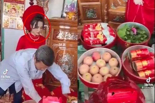Cô dâu u sầu nhìn mâm tráp đơn sơ, lèo tèo vài món từ nhà trai-1