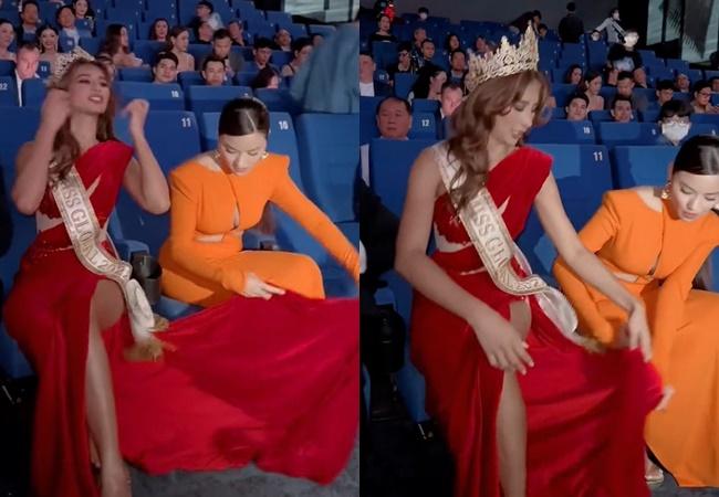 Vũ Thu Phương khom người chỉnh váy cho Miss Global 2022 giữa sự kiện-3