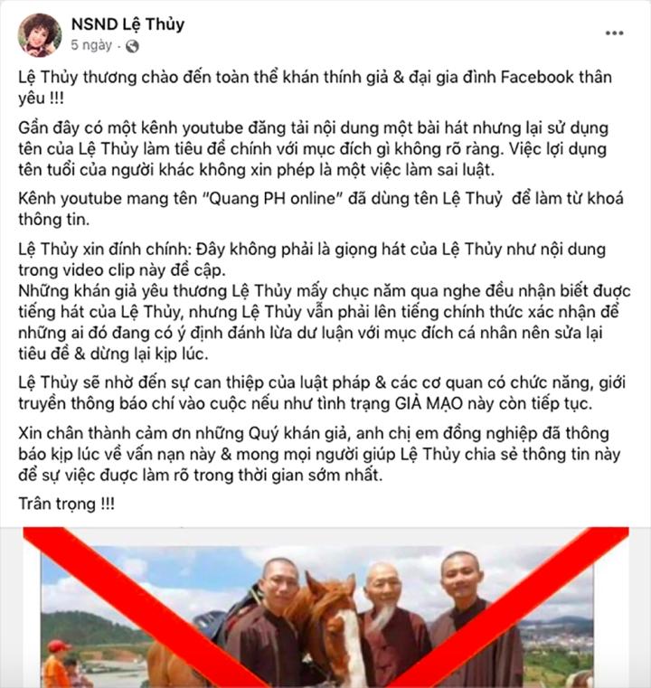 Xử lý vụ NSND Lệ Thủy bị giả mạo hát ca ngợi Tịnh thất Bồng Lai-2