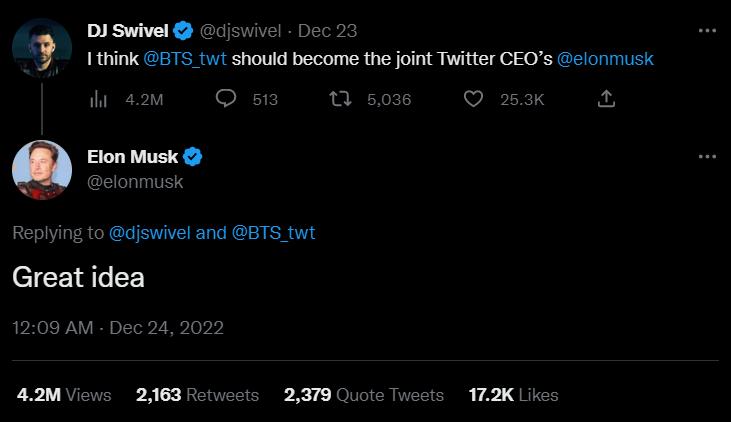 Tỷ phú Elon Musk ủng hộ BTS làm CEO mới của Twitter?-2