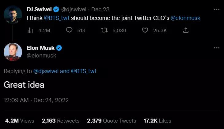 Trưởng nhóm BTS phản hồi khi được Elon Musk mời làm CEO Twitter