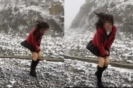 Cô gái trẻ chơi sốc, mặc váy ngắn cũn đi Sapa 'săn' tuyết rơi
