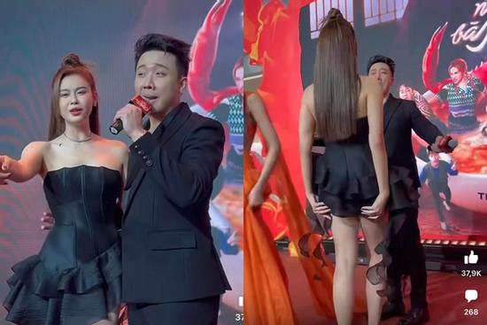 Trương Quỳnh Anh lấy tay che chắn vì mặc váy ngắn bước lên sân khấu