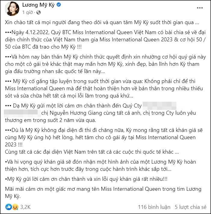 Lương Mỹ Kỳ xin nhường cơ hội Miss International Queen 2023-3