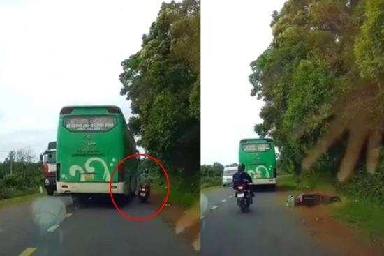 Clip: Xe khách vượt ẩu, ép người đi xe máy suýt mất mạng