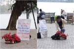 Giỏ hoa hồng miễn phí đặt bên Hồ Gươm trong ngày lễ Tình yêu