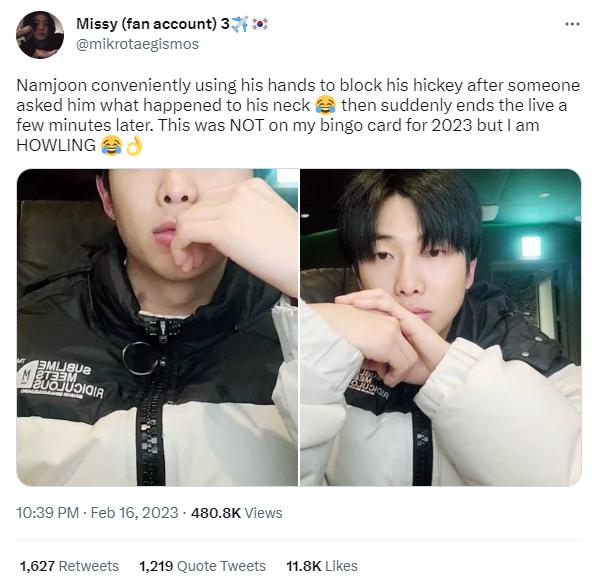 RM (BTS) khiến fan hoang mang khi livestream với dấu hôn ở cổ-4