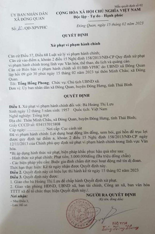 Cô đồng gọi hồn, áp vong ở Thái Bình bị xử phạt 3 triệu đồng-1